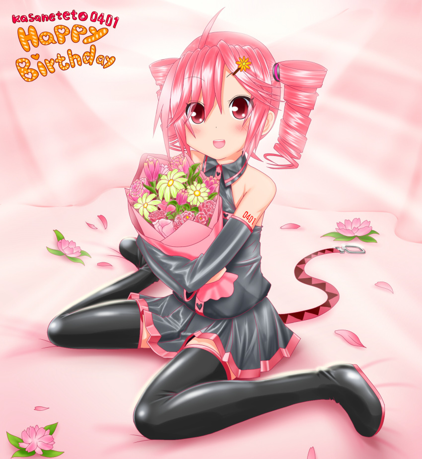 1girl bare_shoulders belt black_legwear black_shirt black_skirt black_sleeves bouquet character_name commentary curtains detached_sleeves drill_hair flower full_body hair_tie happy_birthday highres holding holding_bouquet kasane_teto kazu-chan looking_at_viewer lotus miniskirt open_mouth petals pink_flower pleated_skirt red_eyes red_hair shiny shiny_clothes shirt short_hair shoulder_tattoo sitting skirt sleeveless sleeveless_shirt smile solo tattoo thighhighs twin_drills utau wariza zettai_ryouiki