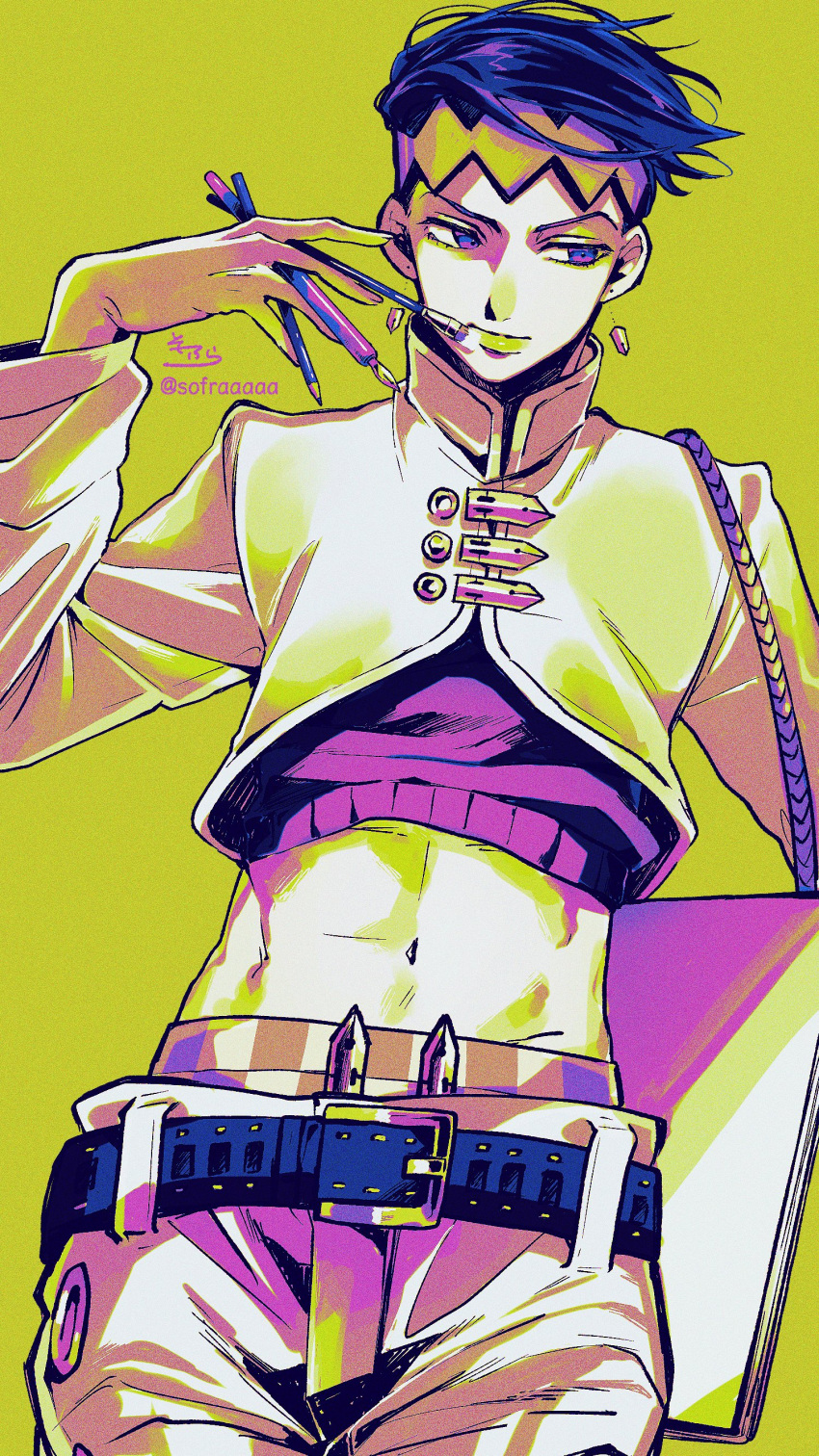 1boy absurdres belt belt_buckle between_fingers blue_belt buckle closed_mouth commentary cowboy_shot crop_top diamond_wa_kudakenai earrings fountain_pen hand_up high_collar highres holding holding_paintbrush jacket jewelry jojo_no_kimyou_na_bouken kishibe_rohan long_sleeves looking_away looking_to_the_side male_focus midriff navel paintbrush pants pen pink_sweater purple_eyes purple_hair signature simple_background sofra solo sweater symbol_commentary twitter_username white_jacket white_pants yellow_background