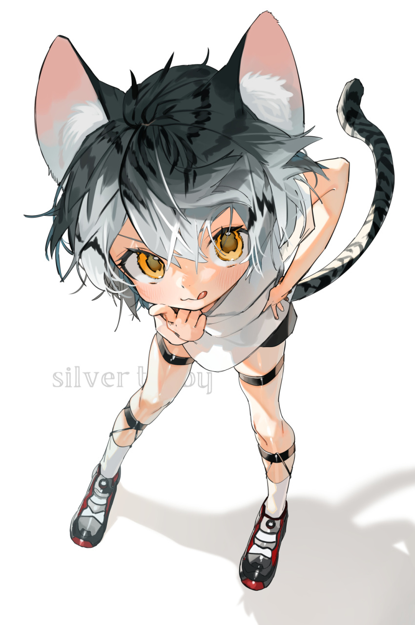 1girl :3 animal_ear_fluff animal_ears black_hair black_shorts blush cat_ears cat_tail character_name character_request gotoh510 gradient_hair hair_between_eyes hand_on_hip highres index_finger_raised looking_at_viewer multicolored_hair original pantyhose shadow shirt shoes shorts sneakers socks solo tail thigh_strap tongue tongue_out white_background white_shirt yellow_eyes