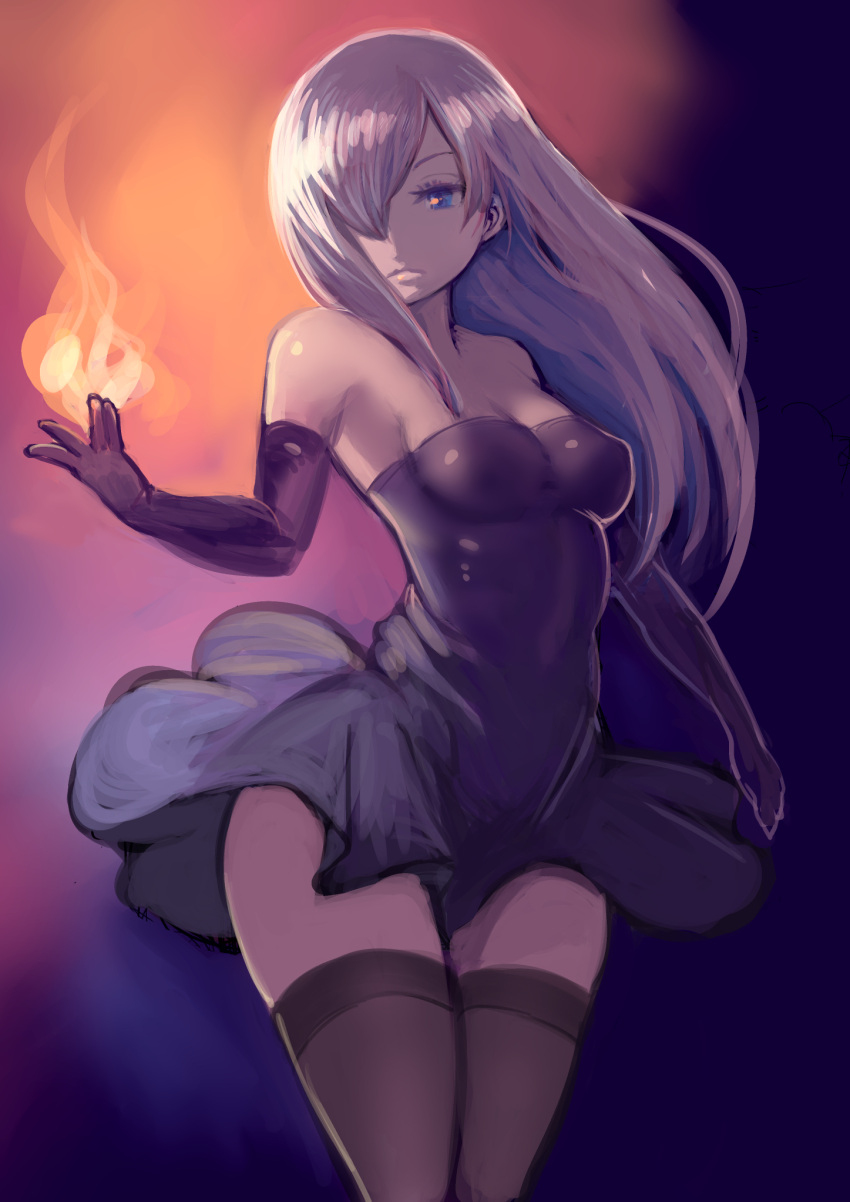 1girl bare_shoulders blue_eyes breasts cleavage closed_mouth dress elbow_gloves fire gloves grey_legwear hair_over_one_eye highres johan_(johan13) long_hair medium_breasts original purple_dress purple_gloves short_dress silver_hair solo straight_hair strapless strapless_dress thighhighs thighs zettai_ryouiki