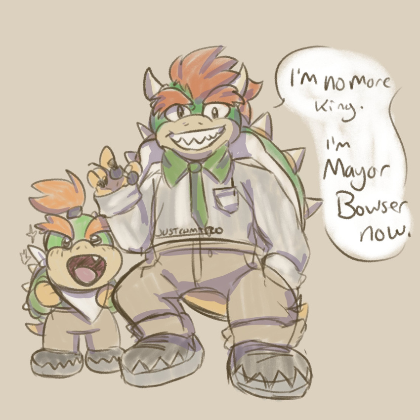 anthro black_clothing black_footwear black_shoes bottomwear bowser bowser_jr. clothed clothing dialogue duo eyebrows eyewear father father_and_child father_and_son footwear fully_clothed green_necktie grin hair hand_in_pocket hi_res horn justcamtro koopa looking_at_viewer male mario_bros necktie nintendo open_mouth pants parent parent_and_child pockets red_hair reptile scalie shell shirt shirt_pocket simple_background smile smiling_at_viewer son speech_bubble spiked_shell spikes spikes_(anatomy) sunglasses talking_to_viewer tan_bottomwear tan_clothing tan_pants text thick_eyebrows topwear video_games white_clothing white_shirt white_topwear