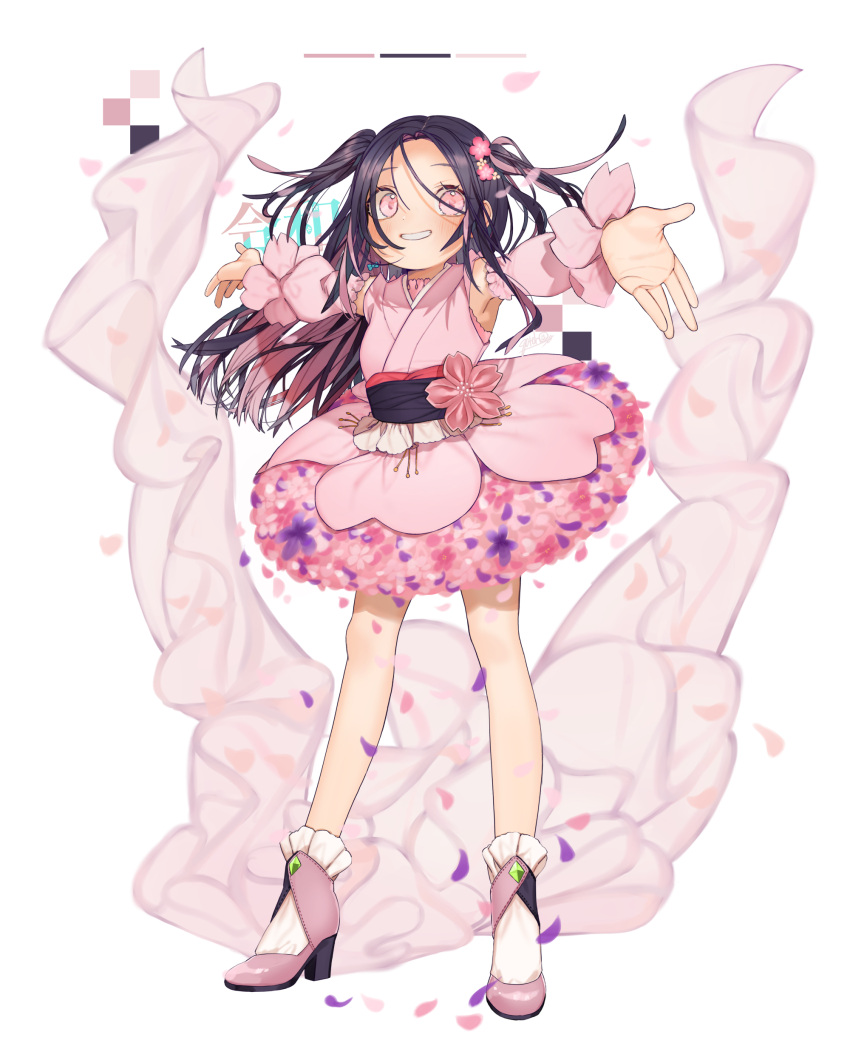 1girl absurdres black_hair black_sash cherry_blossoms commentary flower flower_skirt full_body gotoh510 hair_flower hair_ornament high_heels highres japanese_clothes kimono kimono_skirt long_hair looking_at_viewer multicolored_hair obi original outstretched_arms parted_lips petals pink_eyes pink_footwear pink_hair pink_kimono reiwa sash smile solo two-tone_hair two_side_up white_background