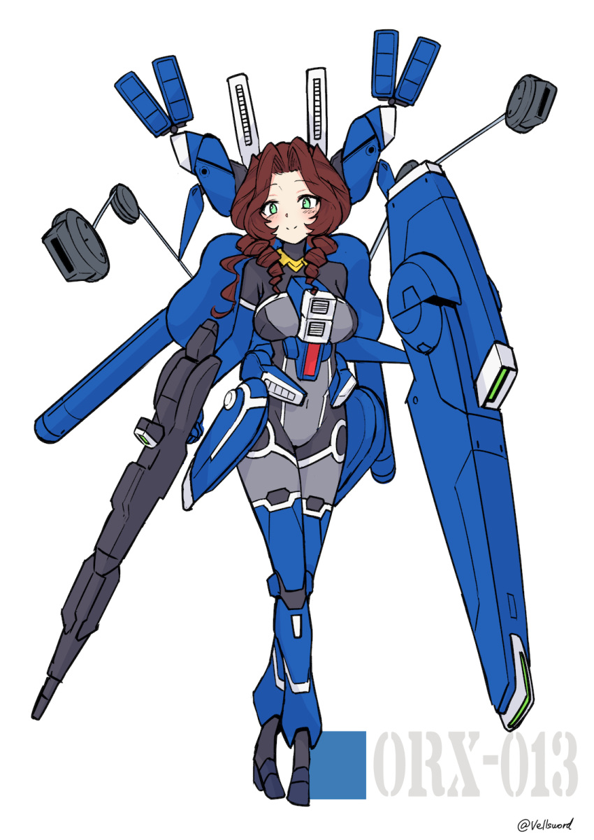 1girl bangs beam_rifle blush bodysuit breasts brown_hair covered_navel crossed_legs drill_hair energy_gun full_body green_eyes gun gundam gundam_mk_v gundam_sentinel highres holding holding_gun holding_weapon i.takashi large_breasts looking_at_viewer mecha_musume parted_bangs personification smile solo twin_drills weapon white_background