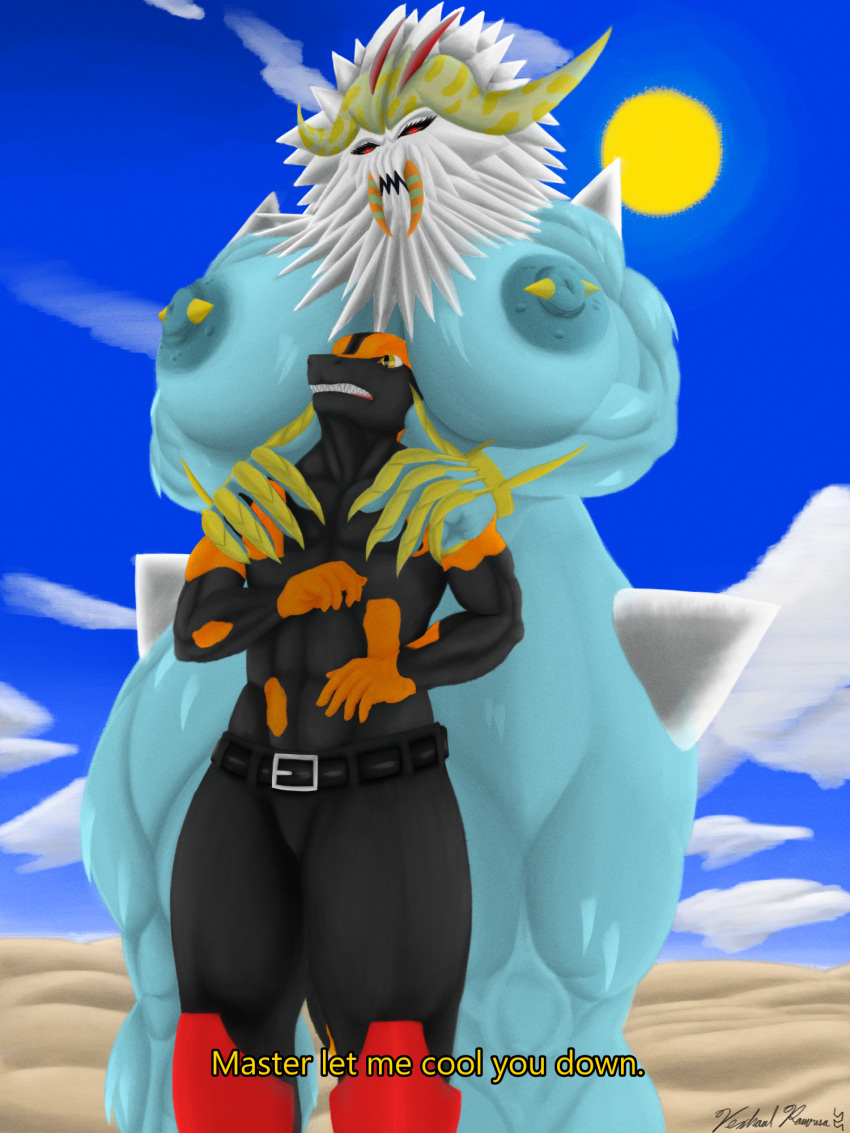2021 5_fingers abs amphibian anthro areola big_areola big_breasts big_muscles big_nipples black_body black_sclera blue_body boots bottomwear breasts clenched_teeth clothed clothing disney duo english_text female fingers fire_salamander_(salamander) footwear hair hands_on_shoulders head_in_cleavage hi_res horn huge_breasts huge_muscles ice larger_female looking_down male max_(maxdamage_rulz) multicolored_body muscular muscular_female muscular_thighs nervous nipple_piercing nipples open_mouth orange_body pagoyama pants partially_clothed piercing red_eyes salamander_(amphibian) sand signature size_difference sky smaller_male spectrobes spikes sun teeth text tusks two_tone_body vexhaul_ramousa white_hair yellow_eyes