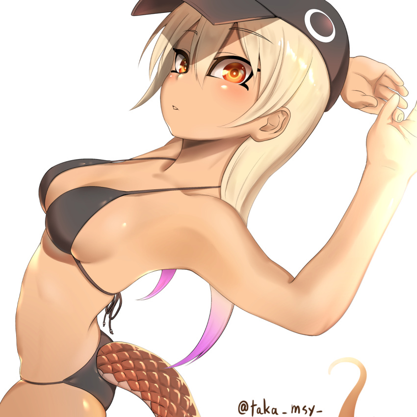 1girl armpits arms_behind_head arms_up back baseball_cap bikini black_bikini black_swimsuit blonde_hair breasts collarbone eyebrows_visible_through_hair fisheye from_side hair_between_eyes hat highres kashisu_mint kemono_friends king_cobra_(kemono_friends) long_hair looking_at_viewer medium_breasts multicolored multicolored_eyes multicolored_hair orange_eyes own_hands_together parted_lips pink_hair red_eyes shiny shiny_skin sidelocks skindentation snake_tail solo stomach strap_gap stretch swimsuit tail tail_through_clothes tan tongue tongue_out twintails twisted_torso twitter_username two-tone_hair yellow_eyes