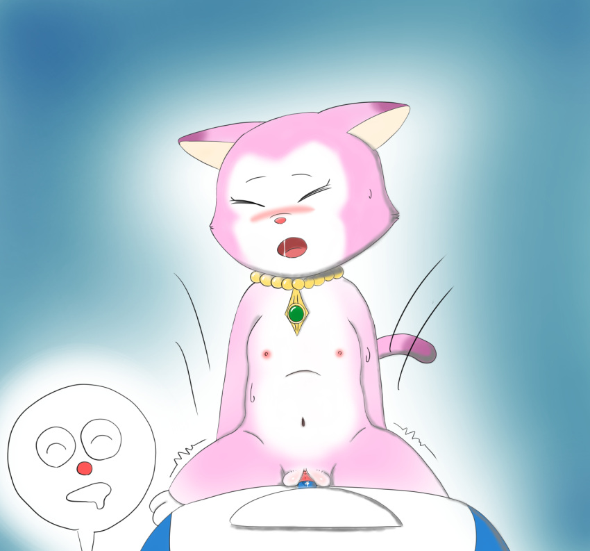 animal_humanoid anthro blush cat_humanoid cowgirl_position doraemon doraemon_(character) dr.francat duo felid felid_humanoid feline feline_humanoid female from_front_position genitals hi_res humanoid male male/female mammal mammal_humanoid miyoko on_bottom on_top pussy sex