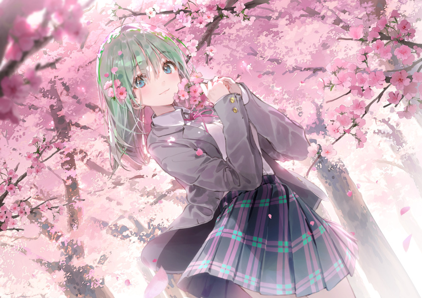 blush cherry_blossoms dsmile flowers green_hair original skirt tree