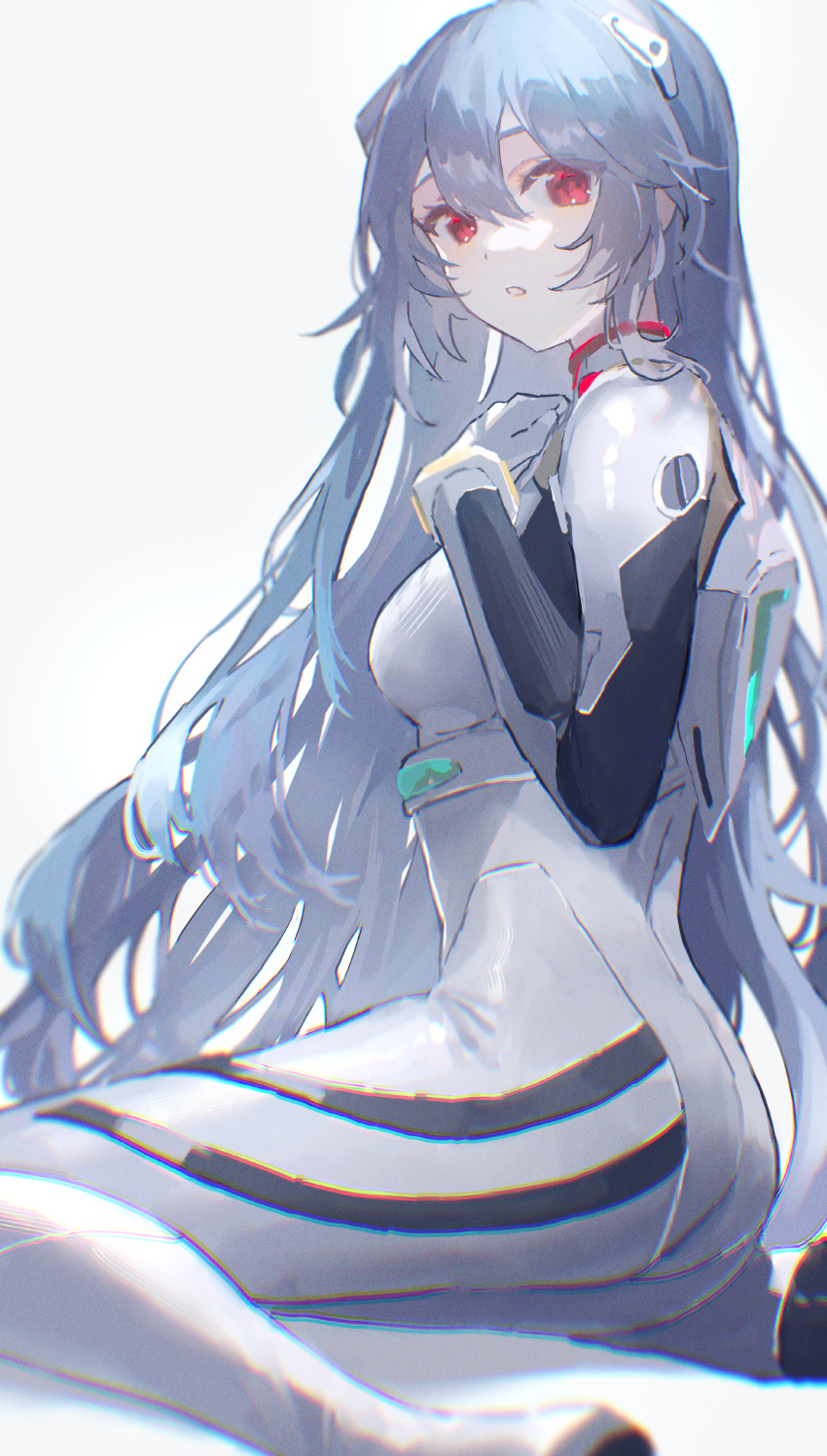 1girl :o absurdres alternate_hair_length alternate_hairstyle ass ayanami_rei bangs bodysuit breasts feet_out_of_frame from_side gloves hair_between_eyes hand_on_own_chest highres huge_filesize long_hair looking_at_viewer looking_to_the_side medium_breasts neon_genesis_evangelion oyuyu parted_lips plugsuit red_eyes silver_hair sitting skin_tight solo very_long_hair white_bodysuit white_gloves