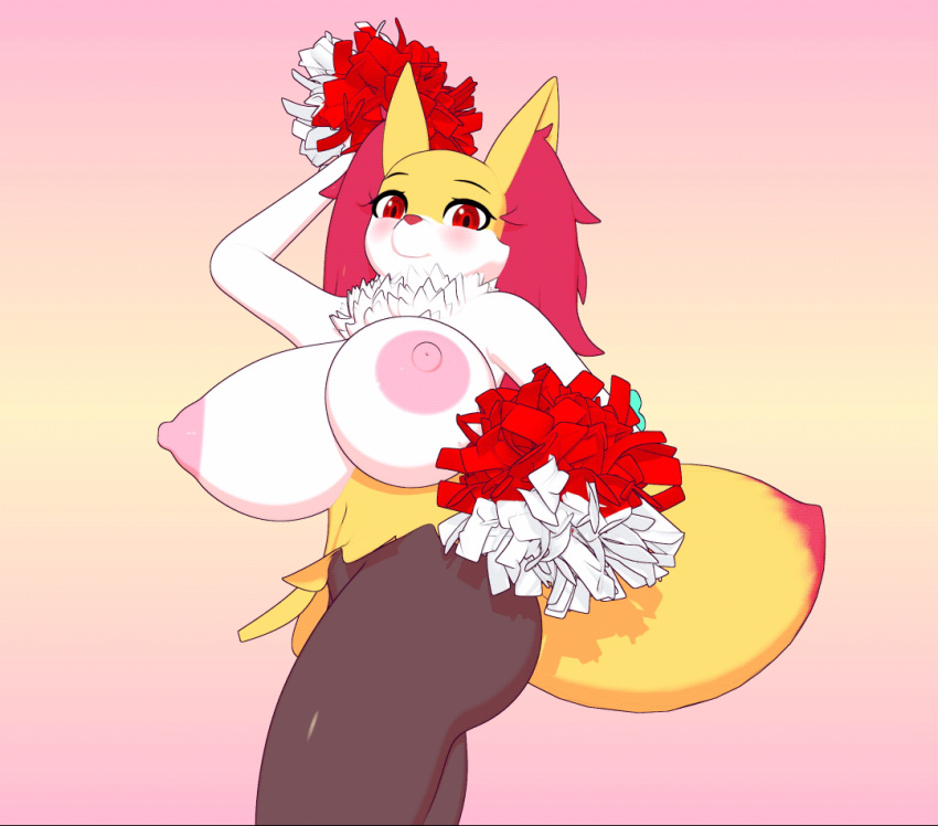 3d_(artwork) 3d_animation animated anthro areola big_breasts bikini bikini_top blush braixen breasts cheerleader clothing digital_media_(artwork) dipstick_tail eyebrows fan_character female fur high_framerate holding_object huge_breasts ikugo_(artist) inner_ear_fluff jiggle looking_at_viewer multicolored_tail nintendo nipples nude pok&eacute;mon pok&eacute;mon_(species) pom_poms red_eyes red_nose ribbons seraphine_(roflfox) shaking_hips short_playtime smile solo stick swimwear tuft video_games white_body white_fur yellow_body yellow_fur