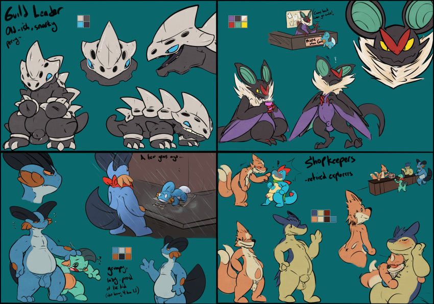 2021 age_difference animal_genitalia anthro asbel_lhant balls beverage coffee conditional_dnp croconaw cup feral flaccid floatzel foreskin genitals group hi_res lairon male marshtomp model_sheet mudkip nintendo noivern nude older_male penis pok&eacute;mon pok&eacute;mon_(species) secretary sheath simple_background size_difference solo swampert tapering_penis teasing typhlosion uncut video_games