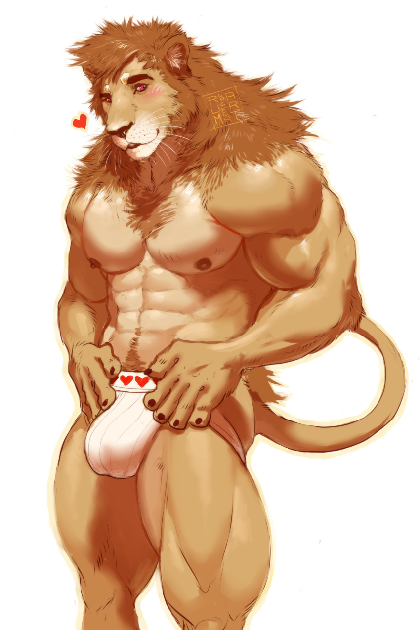 &lt;3 2021 abs absurd_res anthro biceps blush bulge chest_fur claws clothed clothing detailed_bulge felid finger_claws fur genital_outline hair hi_res jockstrap lion looking_aside male mammal mane mane_hair muscular muscular_anthro muscular_male nipples pantherine pecs penis_outline pinup pockyrumz portrait pose pubes quads red_eyes simple_background solo standing tan_body tan_fur three-quarter_portrait triceps underwear whiskers white_background