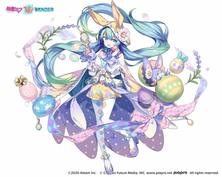 animal_ears aqua_eyes aqua_hair bow bunny bunny_ears cape flowers hatsune_miku hoodie logo long_hair pantyhose petals ribbons sama shorts vocaloid wand white