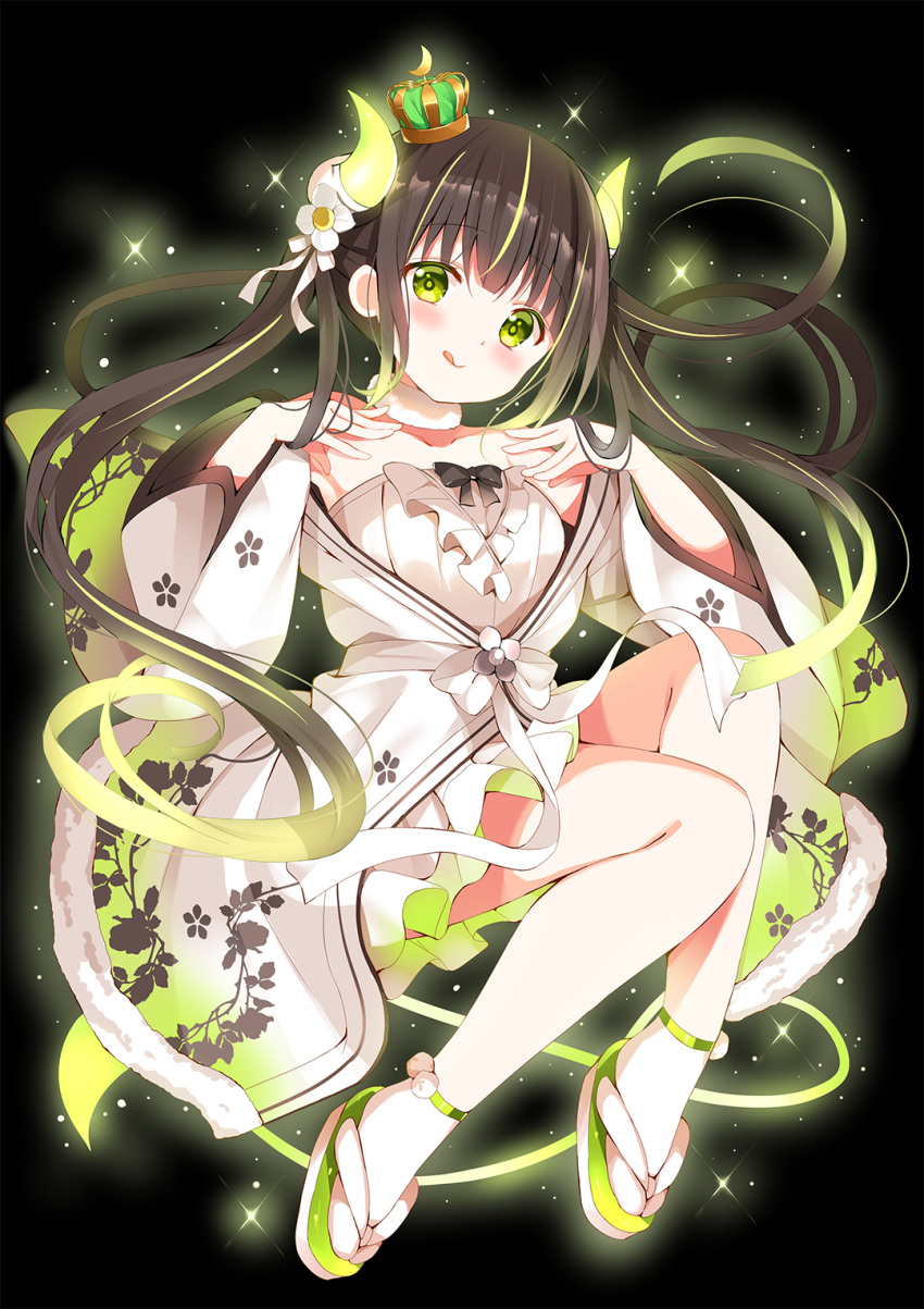 1girl :p april_fools bangs bare_legs bare_shoulders black_background black_bow blush bow breasts brown_hair cleavage crown_hair_ornament demon_girl demon_horns demon_tail eyebrows_visible_through_hair fur_choker fur_trim glowing glowing_horns gochuumon_wa_usagi_desu_ka? green_eyes green_horns green_tail green_theme hair_ornament hands_on_own_shoulders highres horns koi_(koisan) long_hair looking_at_viewer medium_breasts moon_(ornament) multicolored_hair no_legwear nontraditional_miko simple_background solo source_request sparkle streaked_hair tabi tail tongue tongue_out twintails ujimatsu_chiya white_footwear zouri