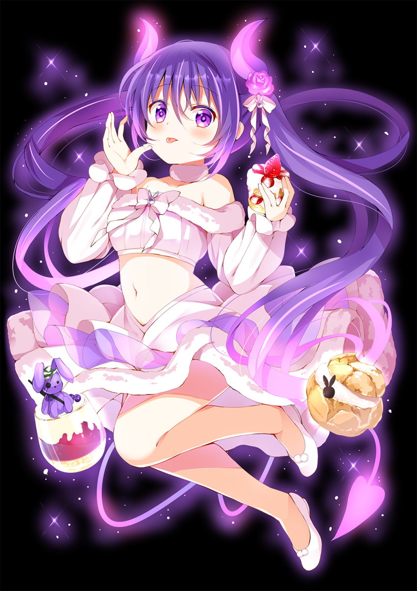 1girl april_fools armpit_crease armpit_peek bangs bare_legs bare_shoulders black_background blush bow bread breasts bunny caught demon_girl demon_horns demon_tail dessert eyebrows_visible_through_hair eyepatch fang floating floating_object flower food food_on_finger fruit fur_choker fur_trim glowing glowing_horns gochuumon_wa_usagi_desu_ka? highres horn_ornament horns koi_(koisan) long_hair looking_at_viewer medium_breasts midriff multicolored_hair navel no_legwear pink_hair pink_horns pink_tail purple_eyes purple_hair purple_horns purple_tail purple_theme rose simple_background slippers solo source_request sparkle strawberry streaked_hair stuffed_animal stuffed_toy tail tedeza_rize tongue tongue_out twintails white_bow white_footwear