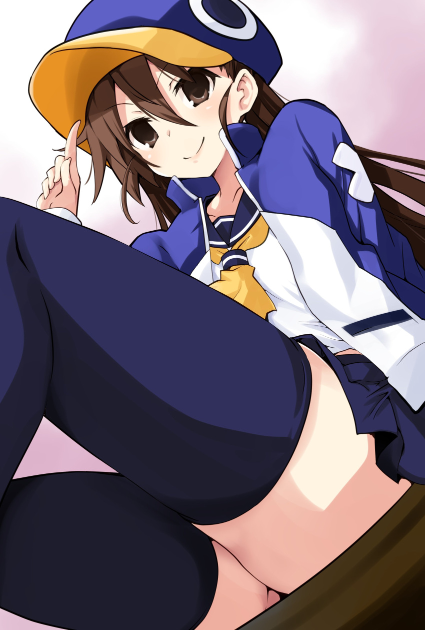 1girl absurdres blue_headwear blue_legwear blue_skirt brown_eyes brown_hair disgaea from_below hat highres iwashi_dorobou_-r- jacket kazamatsuri_fuuka long_hair makai_senki_disgaea_4 open_mouth pleated_skirt sitting skirt smile thighhighs track_jacket twintails very_long_hair