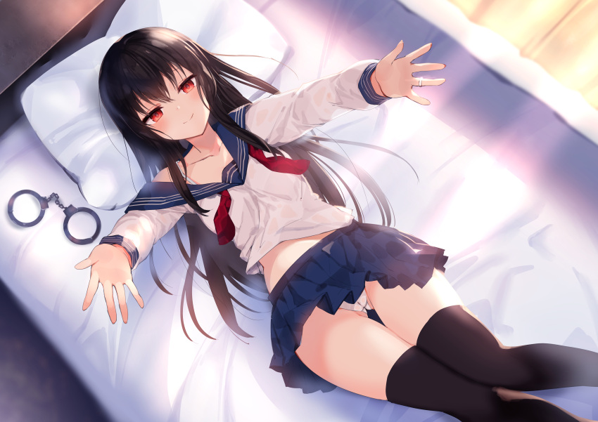 amamitsu_kousuke bed bra cameltoe long_hair open_shirt original panties school_uniform skirt_lift thighhighs underwear