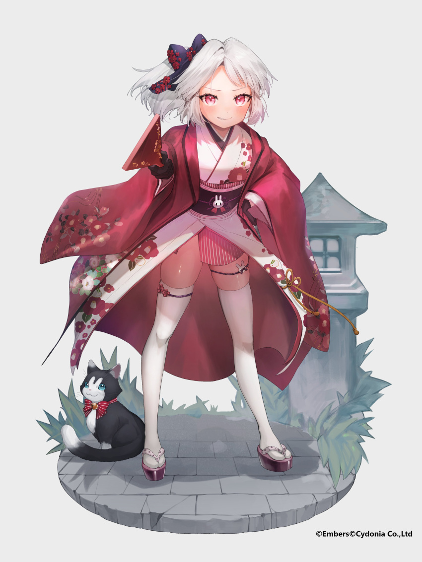 1girl absurdres ash_arms black_bow black_gloves blush bow cat character_request check_copyright closed_mouth copyright_request fan floral_print full_body gloves gotoh510 hair_bow hakama hand_on_hip highres holding holding_fan japanese_clothes kimono long_sleeves looking_at_viewer obi red_bow red_eyes red_hakama sandals sash short_ponytail smile solo standing thigh_strap thighhighs white_background white_hair white_kimono white_legwear wide_sleeves zouri