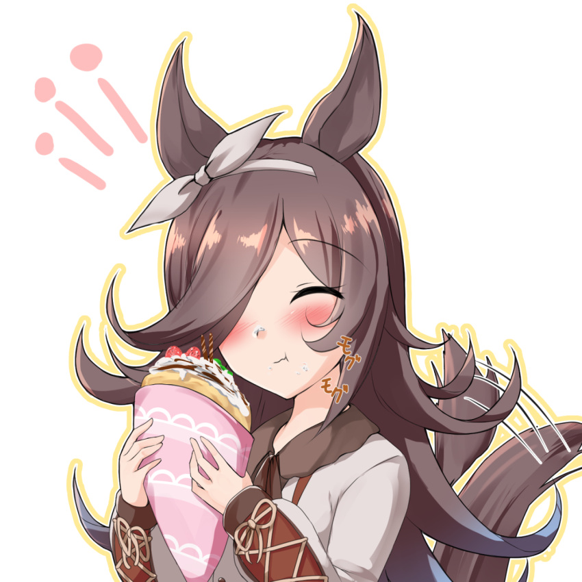 1girl :t afterimage animal_ears arms_up bangs blush brown_hair closed_eyes commentary_request crepe eating eyebrows_visible_through_hair food food_on_face fruit hair_over_one_eye hair_ribbon highres holding holding_food horse_ears horse_girl horse_tail long_hair motion_lines outline ribbon rice_shower_(umamusume) rody_(hayama_yuu) shirt solo standing strawberry swept_bangs tail tail_wagging umamusume upper_body very_long_hair whipped_cream white_background white_shirt yellow_outline