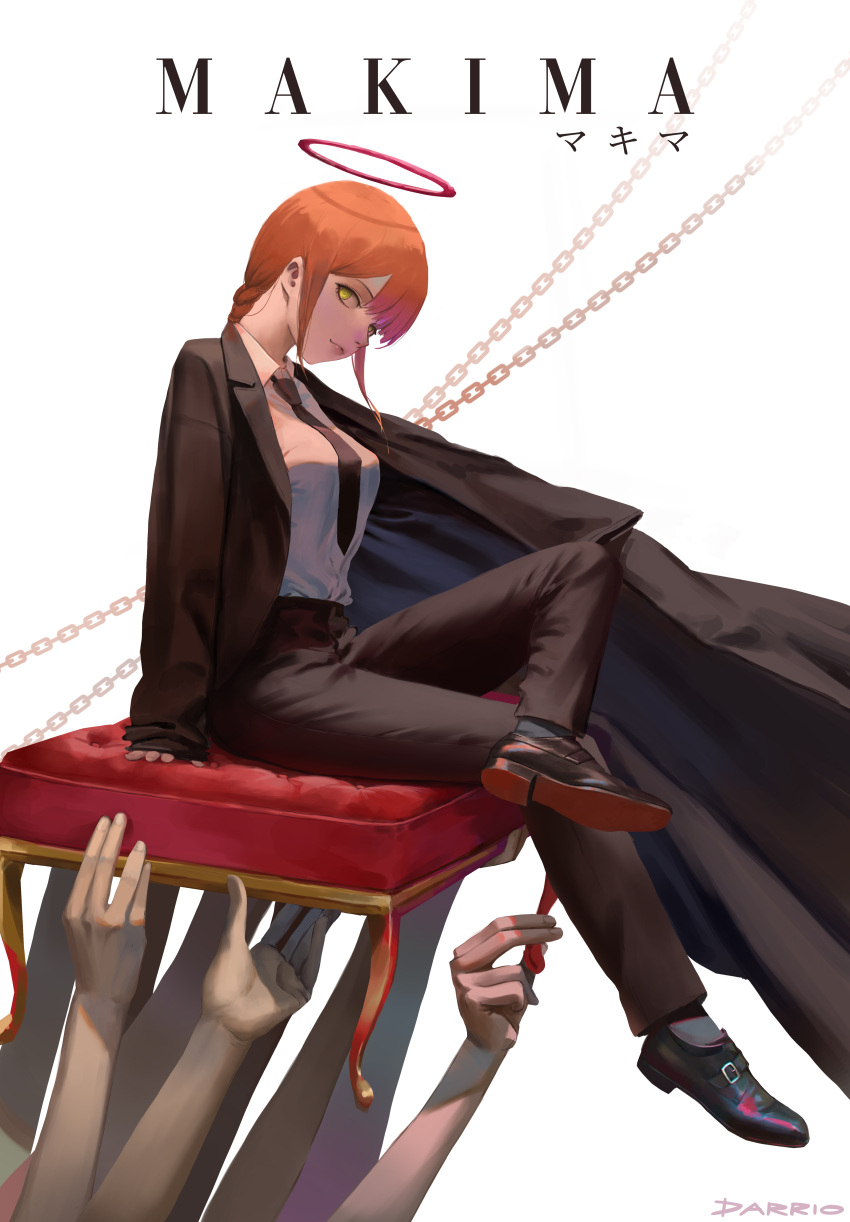 1girl 3others absurdres artist_name braid braided_ponytail business_suit chain chainsaw_man character_name crossed_legs darr1o formal halo highres long_coat makima_(chainsaw_man) multiple_others necktie office_lady orange_hair profile ringed_eyes shirt_tucked_in sidelocks signature single_braid sitting sleeves_past_wrists stool suit yellow_eyes