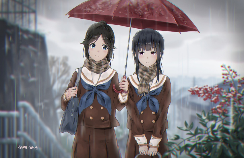 2girls bag black_hair blue_eyes blue_hair blue_neckwear blurry blurry_background blush brown_shirt brown_skirt closed_mouth flower hibike!_euphonium holding holding_bag holding_umbrella kasaki_nozomi kitauji_high_school_uniform liz_to_aoi_tori long_hair long_sleeves looking_at_another multiple_girls neckerchief outdoors plant pleated_skirt ponytail rain red_eyes sailor_collar school_bag school_uniform serafuku shared_umbrella shirt skirt smile tree_bowbow umbrella uniform white_sailor_collar yoroizuka_mizore