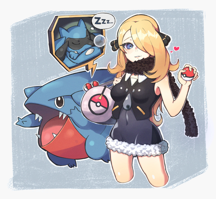 1girl bag bare_arms blonde_hair breasts bubble chung1000 commentary_request covered_navel crop_top cynthia_(pokemon) duffel_bag eyelashes gen_4_pokemon gible grey_eyes hair_ornament hair_over_one_eye holding holding_poke_ball long_hair looking_at_viewer outline parted_lips poke_ball poke_ball_(basic) pokemon pokemon_(creature) pokemon_(game) pokemon_dppt riolu scarf sleeveless younger zipper_pull_tab zzz