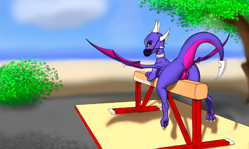 absurd_res activision anus balance_beam beach bladed_tail blue_eyes bodily_fluids claws collar cynder detailed_background dragon female feral genitals gymnastics hi_res horn kincute looking_at_viewer looking_back lying mask on_front plant presenting presenting_pussy purple_body purple_scales pussy raised_tail rear_view sand scales scalie seaside shrub solo spyro_the_dragon sweat tree video_games water wings