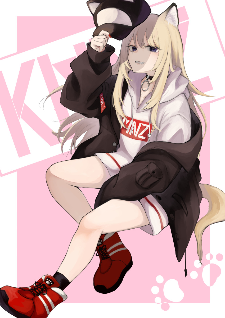 absurdres animal_ears blonde_hair dog_ears dog_tail full_body grin hat hat_removed headwear_removed highres holding holding_clothes holding_hat hood hood_down hoodie jacket kmnz long_hair mc_lita no_pants off_shoulder open_clothes open_jacket oversized_clothes sitting smile suzukano_pon tail virtual_youtuber