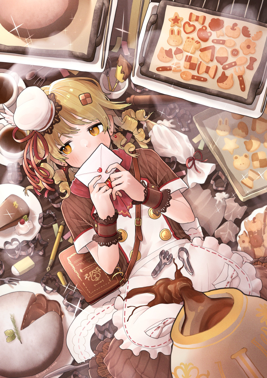 1girl absurdres alternate_costume apron bakery baking_sheet blush bracelet cake chocolate coffee cookie cookie_cutter cookie_hair_ornament covered_mouth dress enmaided food food_themed_hair_ornament frilled_apron frills glint hair_ornament hat highres holding holding_letter idolmaster idolmaster_cinderella_girls jewelry lace-trimmed_cuffs letter looking_away lying maid morikubo_nono ningen_mame on_back patissier ringlets shop shoulder_strap solo steam striped striped_dress