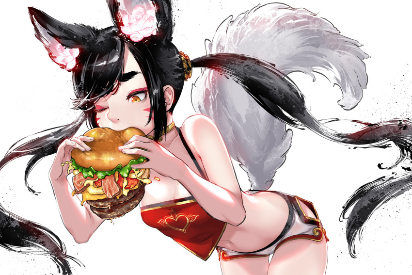 animal_ears bangs bare_shoulders black_hair breasts chinese_clothes choker commentary dudou eating english_commentary eyeshadow flower food food_in_mouth fox_ears fox_girl fox_tail hamburger holding holding_food hu-er_(robot_cat) leaning_forward long_hair makeup medium_breasts navel one_eye_closed orange_eyes original pink_flower red_eyeshadow robot_cat short_shorts shorts standing stomach tail thick_eyebrows twintails whisker_markings white_shorts yellow_choker