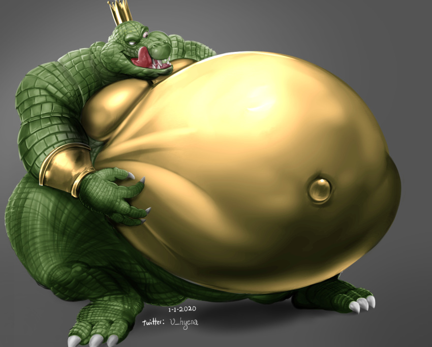 2020 3_toes 4_fingers anthro belly biceps big_belly biped bracelet claws crocodile crocodilian crocodylid crown dated digital_media_(artwork) donkey_kong_(series) fangs feet finger_claws fingers front_view green_body green_scales grey_background huge_thighs hyper hyper_belly jewelry king king_k._rool kremling licking looking_at_self male morbidly_obese morbidly_obese_anthro morbidly_obese_male musclegut muscular muscular_anthro muscular_male narrowed_eyes navel nintendo nude obese obese_anthro obese_male open_mouth open_smile outie_navel overweight overweight_anthro overweight_male pecs pink_tongue plantigrade reptile royalty scales scalie self_lick sharp_teeth signature simple_background smile solo teeth thick_thighs toe_claws toes tongue tongue_out vhyena video_games white_claws wide_hips