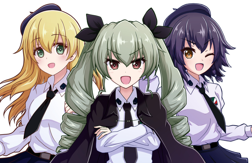 3girls :d ;d absurdres anchovy_(girls_und_panzer) anzio_school_uniform bad_id bad_twitter_id bangs belt beret black_belt black_cape black_hair black_headwear black_neckwear black_ribbon black_skirt blonde_hair braid brown_eyes cape carpaccio_(girls_und_panzer) commentary crossed_arms dress_shirt drill_hair emblem eyebrows_visible_through_hair girls_und_panzer green_eyes green_hair hair_ribbon hat highres long_hair long_sleeves looking_at_viewer miniskirt multiple_girls one_eye_closed open_mouth pepperoni_(girls_und_panzer) pleated_skirt red_eyes ribbon school_uniform shirt short_hair side-by-side side_braid simple_background skirt smile standing twin_drills twintails white_background white_shirt wing_collar yasei