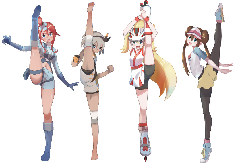 4girls :d absurdres arms_up barefoot bea_(pokemon) bike_shorts black_hairband black_legwear blonde_hair blue_eyes blue_gloves blue_shorts bodysuit_under_clothes boots bow_hairband brown_hair clenched_hands crop_top double_bun doughnut_hair_bun elbow_gloves flexible gloves green_eyes grey_hair gym_leader hair_ornament hairband hands_up harness highres holster jacket knee_pads korrina_(pokemon) leg_lift leg_up legwear_under_shorts long_hair long_sleeves midriff multiple_girls navel open_mouth outstretched_arms pantyhose partially_fingerless_gloves pokemon pokemon_(game) raglan_sleeves red_hair roller_skates rosa_(pokemon) shirt shoes short_hair short_hair_with_long_locks shorts sidelocks simple_background single_glove skates skyla_(pokemon) sleeveless smile split stan standing standing_on_one_leg standing_split stomach tan taruto_(takug0812) thigh_holster tiptoes very_long_hair visor_cap white_background wristband yellow_shorts