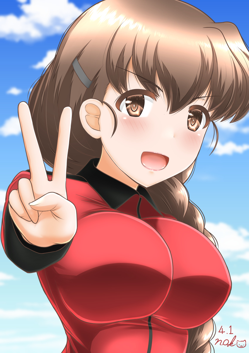1girl absurdres blue_sky blush braid breasts brown_eyes brown_hair cloud girls_und_panzer hair_between_eyes highres impossible_clothes impossible_shirt io-catalyst jacket large_breasts long_hair looking_at_viewer military military_uniform red_jacket rukuriri_(girls_und_panzer) shirt sky smile solo st._gloriana's_military_uniform uniform upper_body v v-shaped_eyebrows