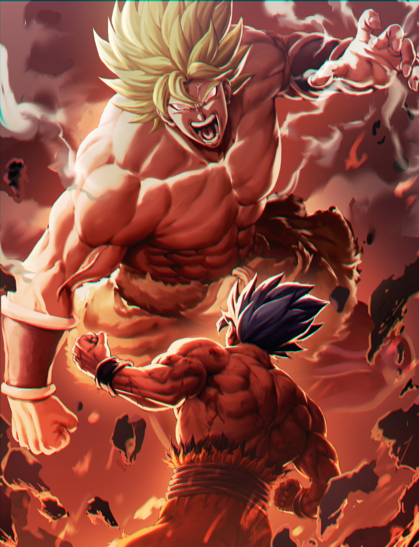 2boys abs blonde_hair bracer broly clenched_hand clenched_hands dragon_ball from_below highres male_focus multiple_boys muscular muscular_male open_mouth pants sash shirtless son_goku soy_chicken spiked_hair teeth tongue wristband