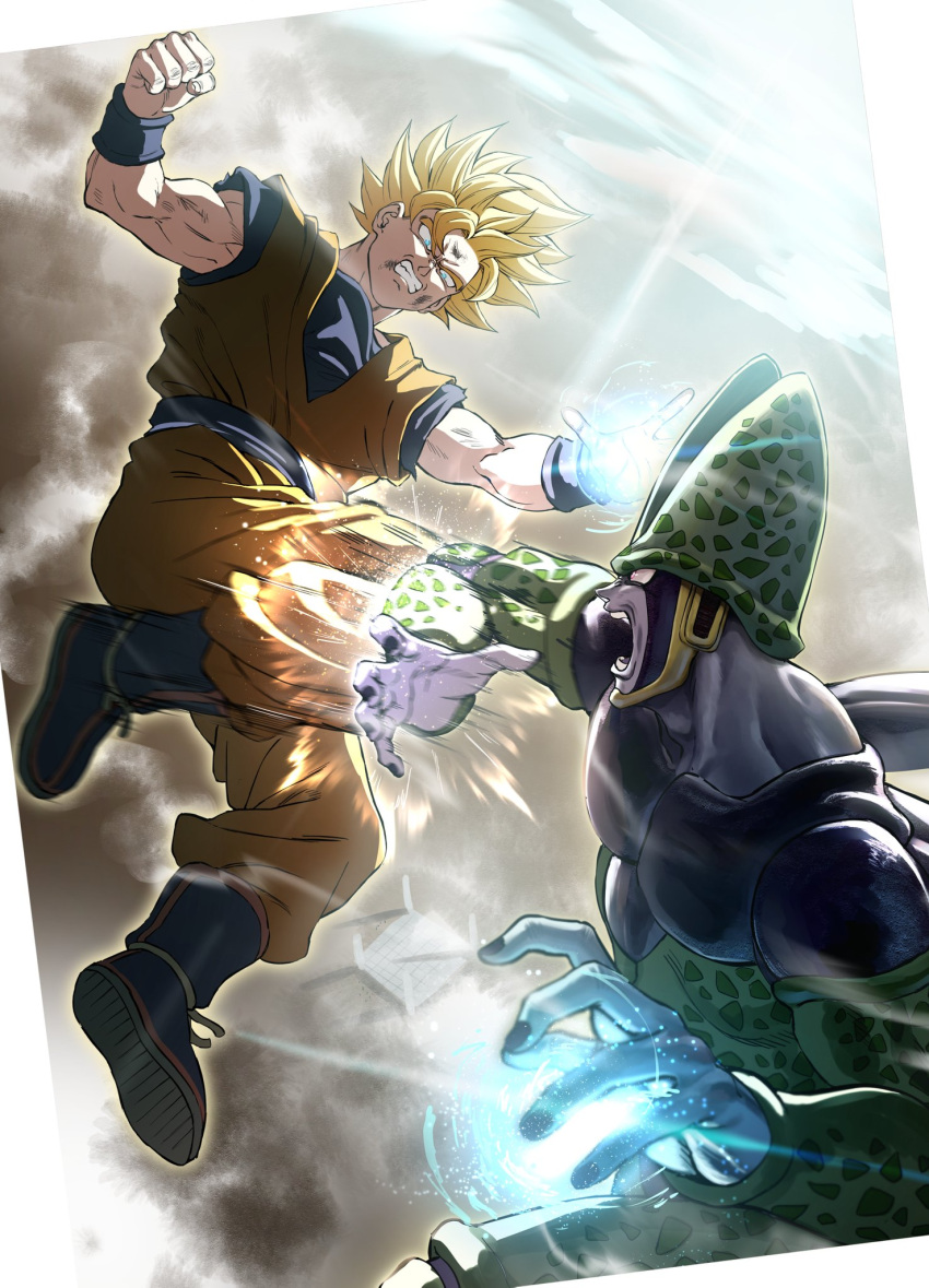 2boys bangs blonde_hair blue_eyes boots cell_(dragon_ball) clenched_hand clenched_teeth commentary_request dirty dirty_arm dirty_face dragon_ball dragon_ball_z energy_ball eye_contact fighting glowing highres korean_commentary looking_at_another male_focus motion_blur multiple_boys open_mouth orange_pants perfect_cell sash son_goku soy_chicken spiked_hair teeth wristband