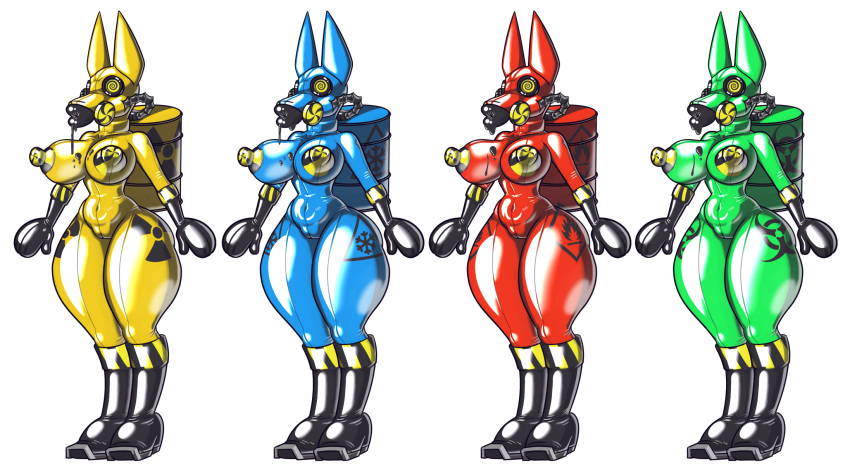 2021 alpha_channel anubian_jackal big_breasts blue_body boots breasts canid canine canis clothing female footwear gas_mask gas_tank gloves green_body group handwear hazmat_suit hi_res jackal mammal mask nipples nuclear_symbol red_body rubber skinsuit spiral_eyes symbol tight_clothing toonvasion villainous wide_hips yellow_body