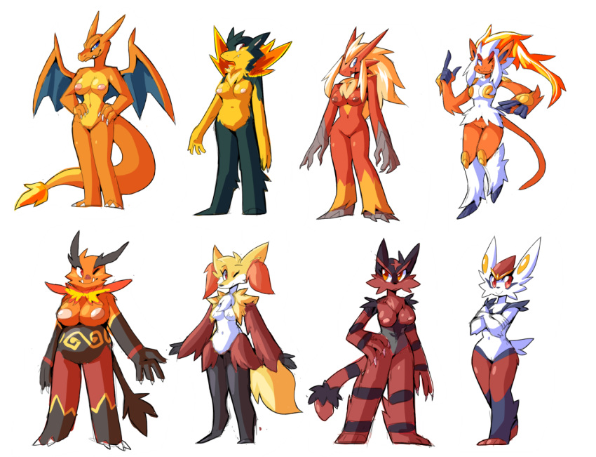 anthro anthrofied blaziken breasts charizard cinderace delphox emboar female genitals group incineroar infernape inget nintendo nude orange_body pok&eacute;mon pok&eacute;mon_(species) pussy red_body typhlosion video_games