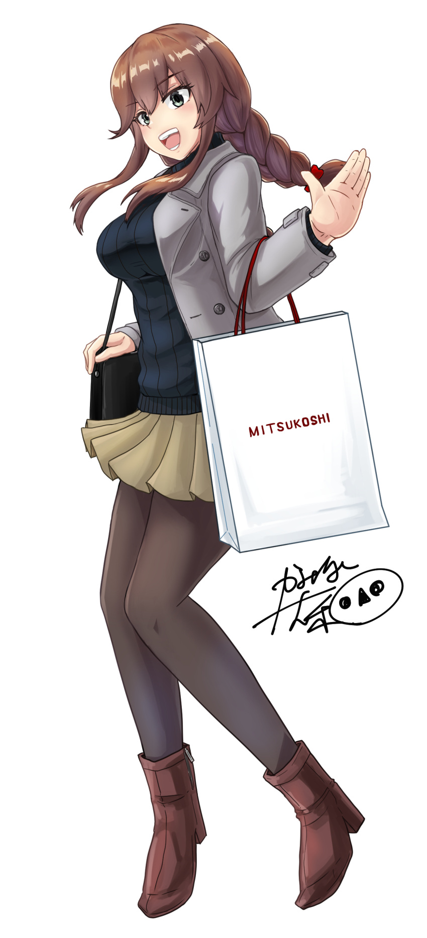 1girl absurdres bag bangs black_legwear black_sweater boots braid brown_footwear brown_hair commentary_request full_body green_eyes grey_jacket grey_skirt highres jacket kaminashi_yamato kantai_collection mitsukoshi_(department_store) noshiro_(kancolle) official_alternate_costume open_mouth pantyhose pleated_skirt shopping_bag signature simple_background skirt solo sweater swept_bangs teeth twin_braids upper_body waving white_background
