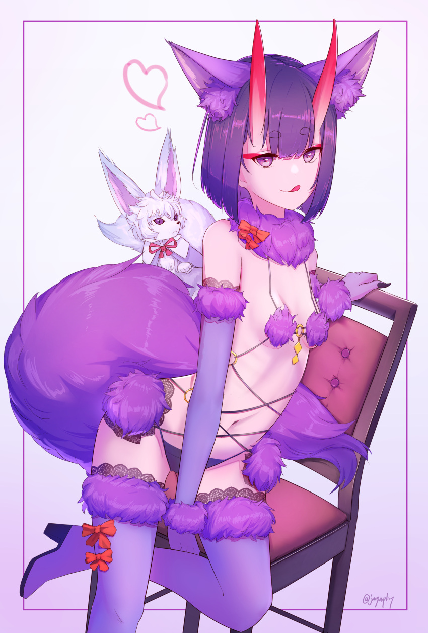 1girl absurdres animal_ears bangs bare_shoulders blush bob_cut bow breasts chair cleavage cosplay dangerous_beast elbow_gloves eyeliner fate/grand_order fate_(series) fou_(fate) fur-trimmed_gloves fur-trimmed_legwear fur_collar fur_trim gloves heart highres horns lace-trimmed_legwear lace_trim licking_lips looking_at_viewer makeup mash_kyrielight mash_kyrielight_(cosplay) navel o-ring oni oni_horns purple_eyes purple_gloves purple_hair purple_legwear revealing_clothes sawarineko short_eyebrows short_hair shuten_douji_(fate) skin-covered_horns small_breasts smile tail thighs tongue tongue_out wolf_ears wolf_tail