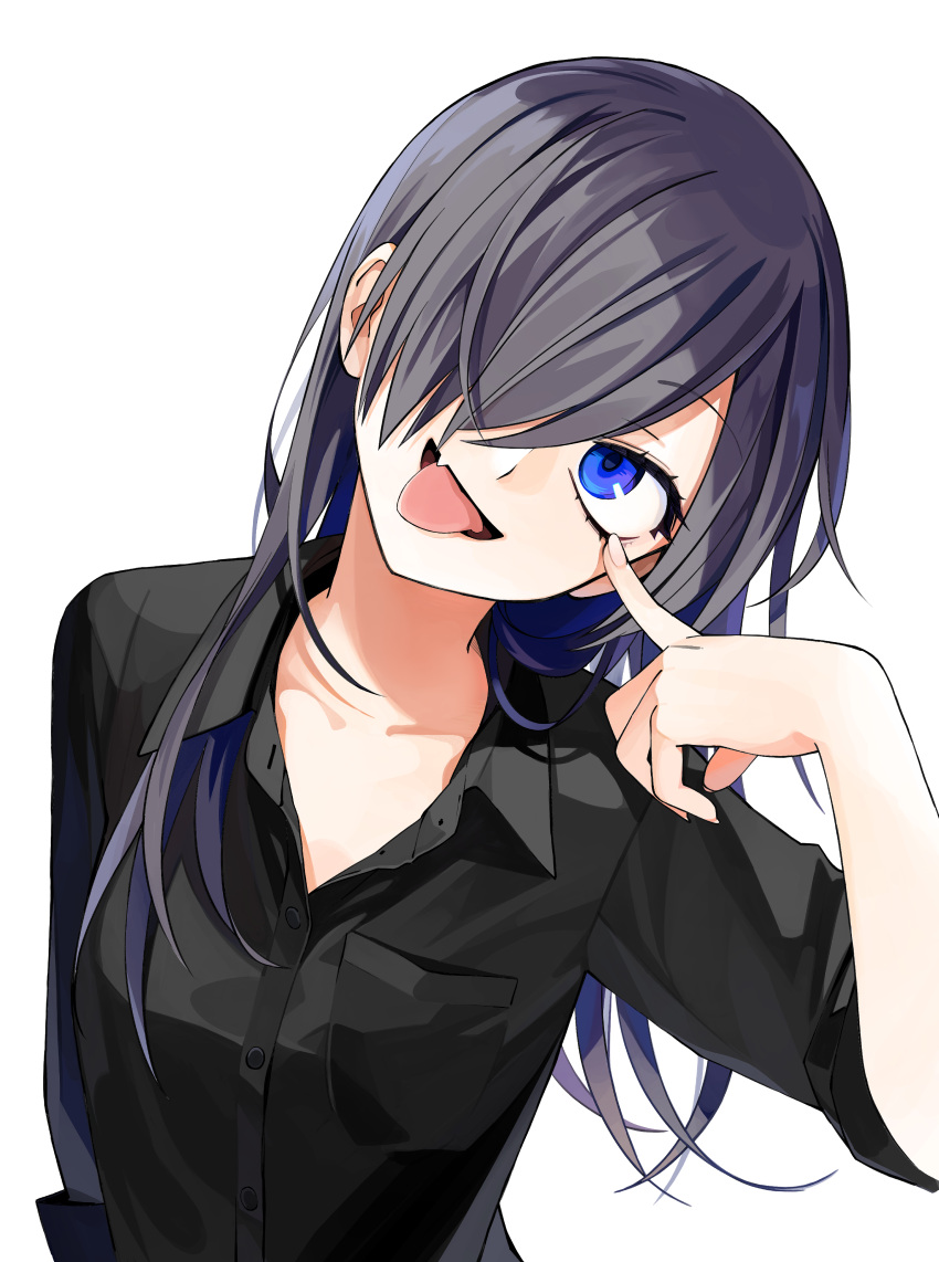 1girl absurdres black_hair black_shirt blue_eyes collarbone collared_shirt eyebrows_visible_through_hair fang hair_over_one_eye hand_on_own_face highres long_hair looking_at_viewer ningiyau official_art open_collar schoolzone shirt simple_background skin_fang solo tongue tongue_out upper_body white_background yokoe_rei