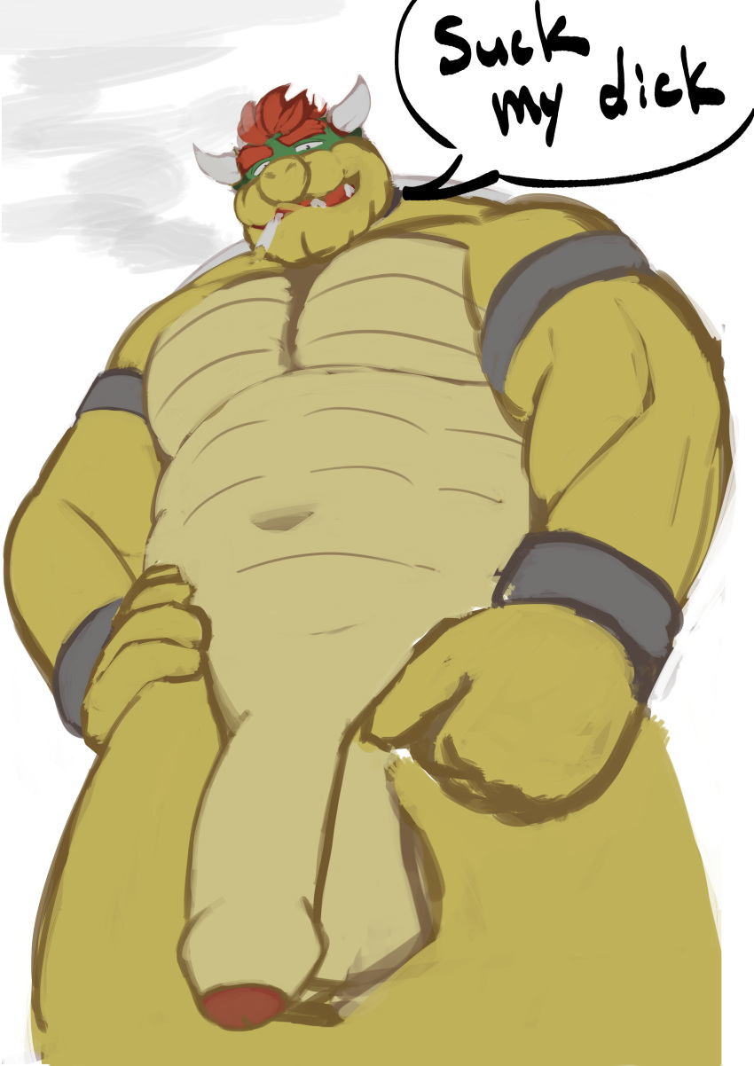 2020 absurd_res anthro belly bowser edit english_text flaccid foreskin genitals hi_res kemono koopa kumamikan male mario_bros nintendo overweight overweight_anthro overweight_male penis scalie smoking solo text uncensored video_games