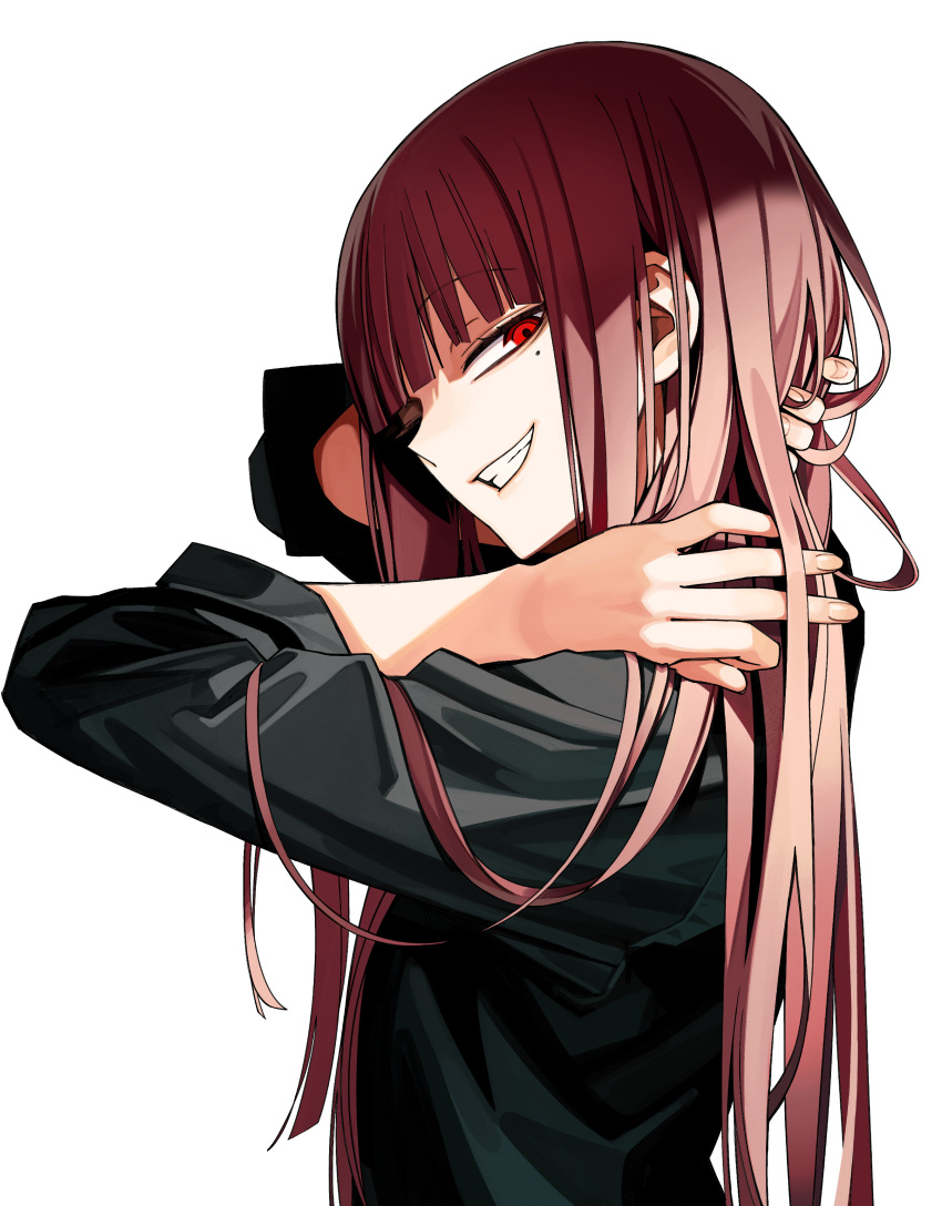 1girl absurdres bangs black_shirt blunt_bangs brown_hair eyebrows_visible_through_hair grin hand_in_hair highres long_hair looking_at_viewer mole mole_under_eye negoro_yatsude ningiyau official_art red_eyes schoolzone shadow shirt simple_background sleeves_rolled_up smile solo upper_body white_background