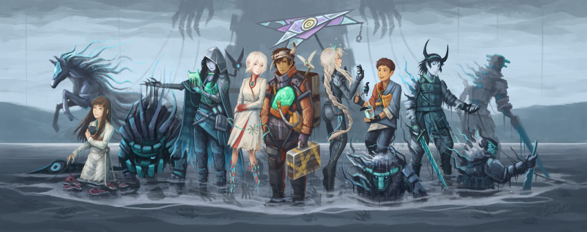 3boys 4girls 6+others :t absurdres agro baby backpack bag bandaged_head bandages black_bodysuit black_hair black_horns blue_horns bodysuit braid broken_horn brown_hair cenobia cloak colored_skin creator_connection crossover dark_persona dark_skin dark_skinned_male death_stranding digital_dissolve dirge dzeta eating english_commentary gaius grey_skin highres holding holding_sword holding_weapon hood hood_up hooded_cloak horns horse hydrus ico ico_(character) lizard long_braid making-of_available malus mono mother_and_son multiple_boys multiple_crossover multiple_girls multiple_others neck_tattoo older one_eye_covered parasol parody personification quadratus rain runny_makeup shadow_of_the_colossus silver_hair single_braid sword tattoo the_boy_(the_last_guardian) the_last_guardian the_queen_(ico) thumbs_up time_paradox trico_(character) umbrella wading wander water weapon white_hair yorda