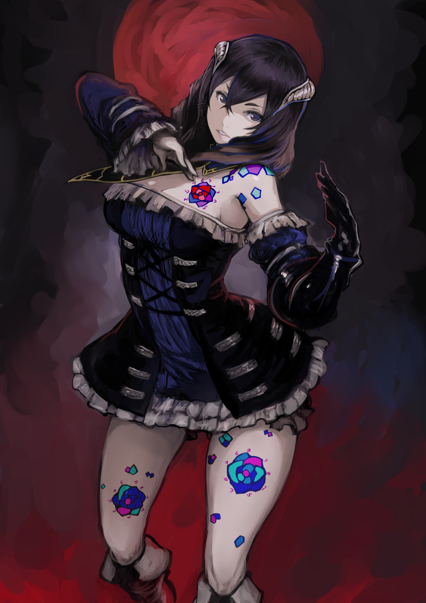 1girl bangs black_hair bloodstained:_ritual_of_the_night breasts brown_eyes brown_hair cleavage crossed_bangs detached_sleeves dress flower_tattoo frilled_dress frilled_sleeves frills full_moon gauntlets gradient_hair hair_between_eyes highres horns johan_(johan13) large_breasts long_hair long_sleeves looking_at_viewer miriam_(bloodstained) moon multicolored_hair pale_skin parted_lips red_moon short_dress shoulder_tattoo single_bare_shoulder single_detached_sleeve single_gauntlet solo tattoo thigh_tattoo two-tone_hair white_horns