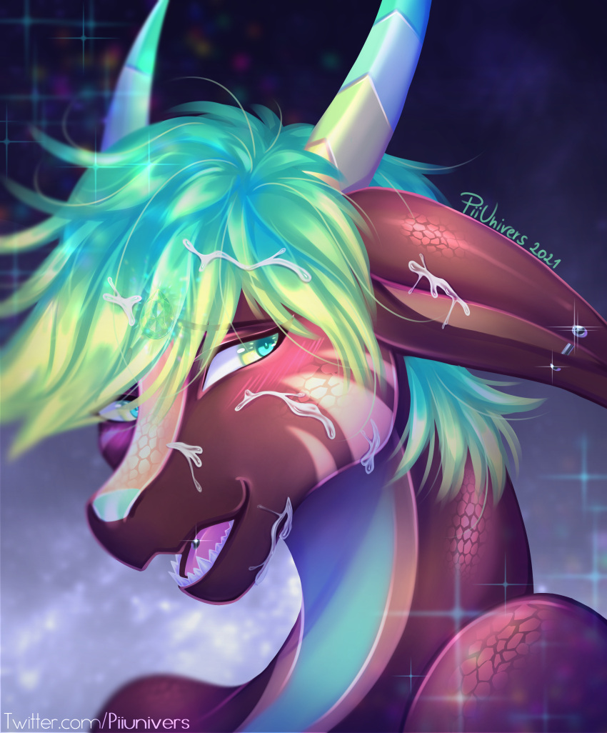 absurd_res anthro blush bodily_fluids cum cum_in_hair cum_on_face cumshot dragon ejaculation genital_fluids girly hair hi_res horn looking_away looking_down looking_pleasured male male/male open_mouth piercing piiunivers scales scalie shy smile solo tongue tongue_piercing