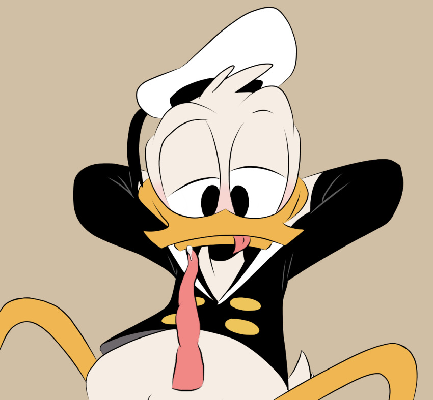 2021 anatid animal_genitalia animal_penis anseriform anthro avian beak big_penis bird black_clothing bodily_fluids bottomless clothed clothing cum_leaking digital_drawing_(artwork) digital_media_(artwork) disney donald donald_duck duck ducktales ducktales_(2017) erection feathers genital_fluids genitals hands_behind_head hat headgear headwear long_penis looking_at_genitalia looking_down lying male maseru on_back penis precum sailor_uniform solo solo_focus spiral_penis spread_legs spreading tail_feathers tongue tongue_out traced