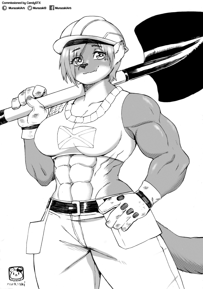 abs absurd_res anthro armor biceps biped bottomwear breasts clothed clothing construction_worker crop_top female fur greyscale hair hard_hat hat headgear headwear helmet hi_res holding_object mammal monochrome murazaki muscular muscular_anthro muscular_female pants portrait shirt shovel simple_background smile solo standing three-quarter_portrait tools topwear unknown_species