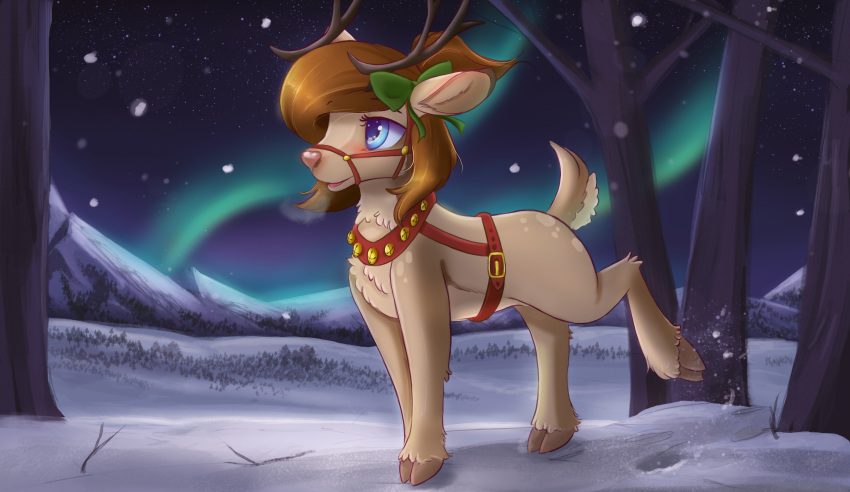 &lt;3 absurd_res alternate_species antlers ardail aurora_borealis bell blue_eyes blush bow brown_hair capreoline cervid cloven_hooves female hair hi_res hooves horn mammal mocha_latte reindeer reins snow snowing solo