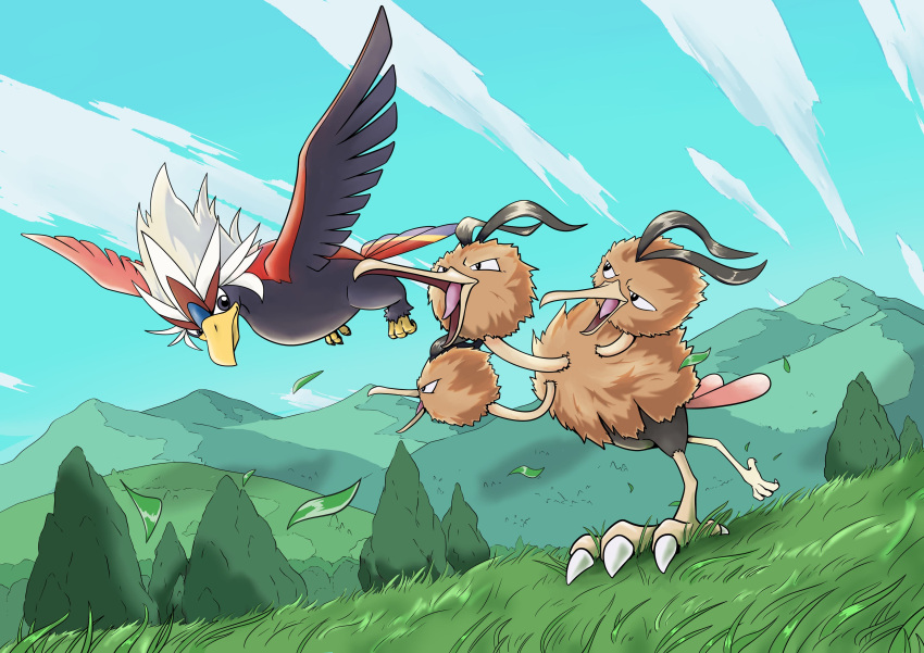 absurdres braviary brown_fur closed_mouth commentary_request day dodrio flying from_below gen_1_pokemon gen_5_pokemon grass highres hill leaves_in_wind open_mouth outdoors pokemon pokemon_(creature) q-chan sky standing tongue tree