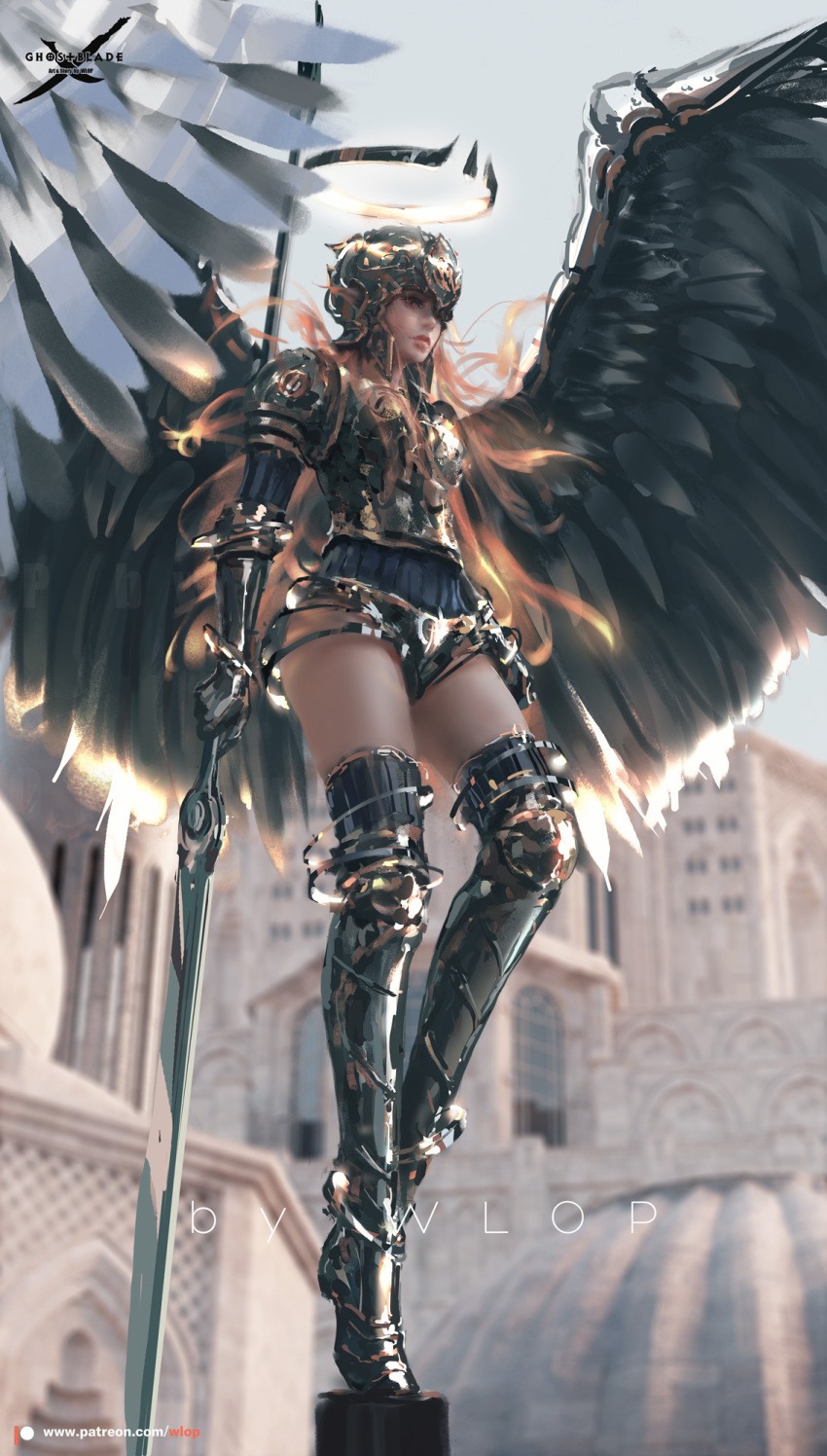 1girl armor boots feathered_wings full_body ghostblade helmet highres lance lips mechanical_halo nose patreon_logo patreon_username plate_armor polearm sarlia_(ghostblade) shoulder_armor solo spaulders thigh_boots thighhighs valkyrie weapon wings wlop